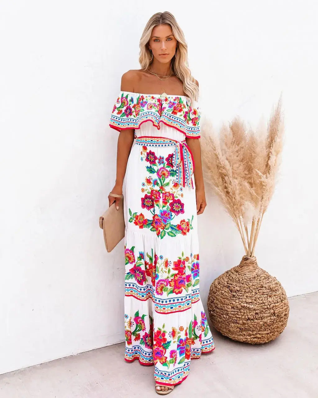 2024 Women’s New Sexy One Shoulder Off Shoulder Fashion Red Flower Printed Lace Up Waist Long Swing Dress