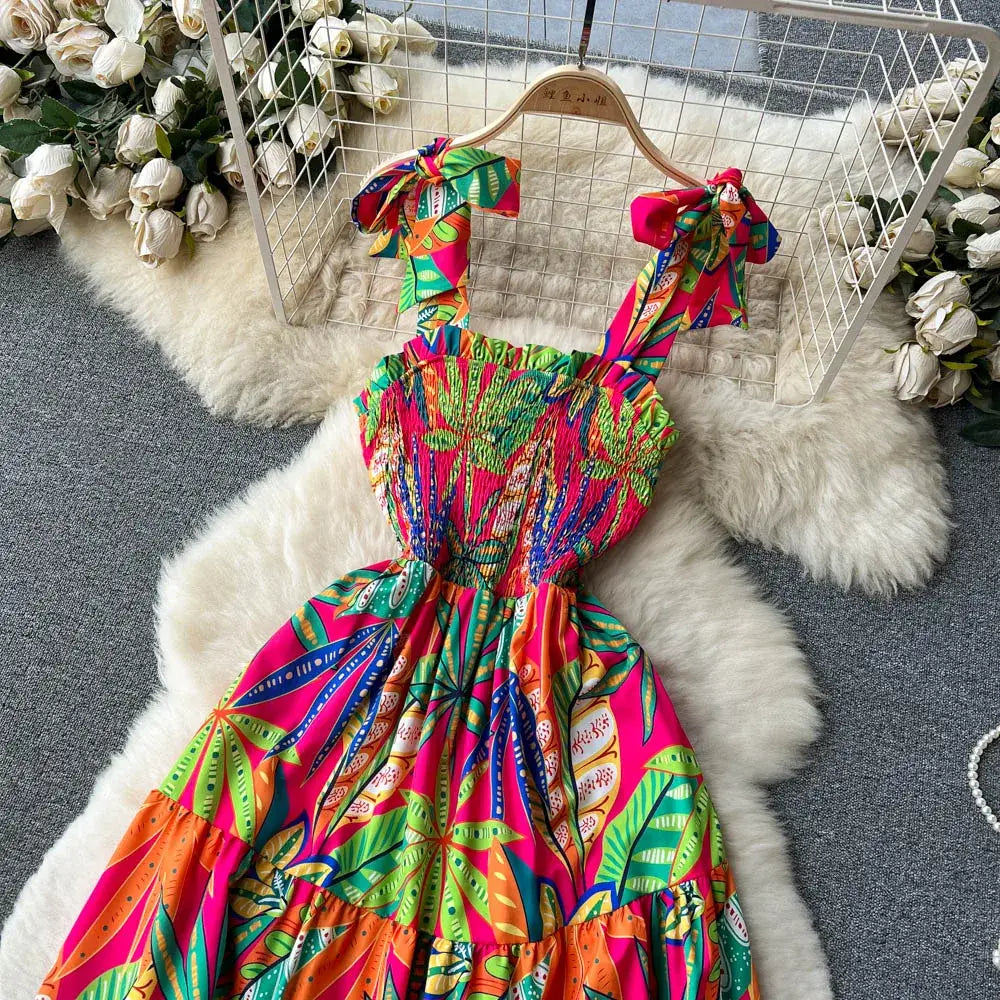 SINGREINY Summer Vacation Spaghetti Strap Long Dress Women Sleeveless Ruched Elastic Backless Dress Floral Print Beach