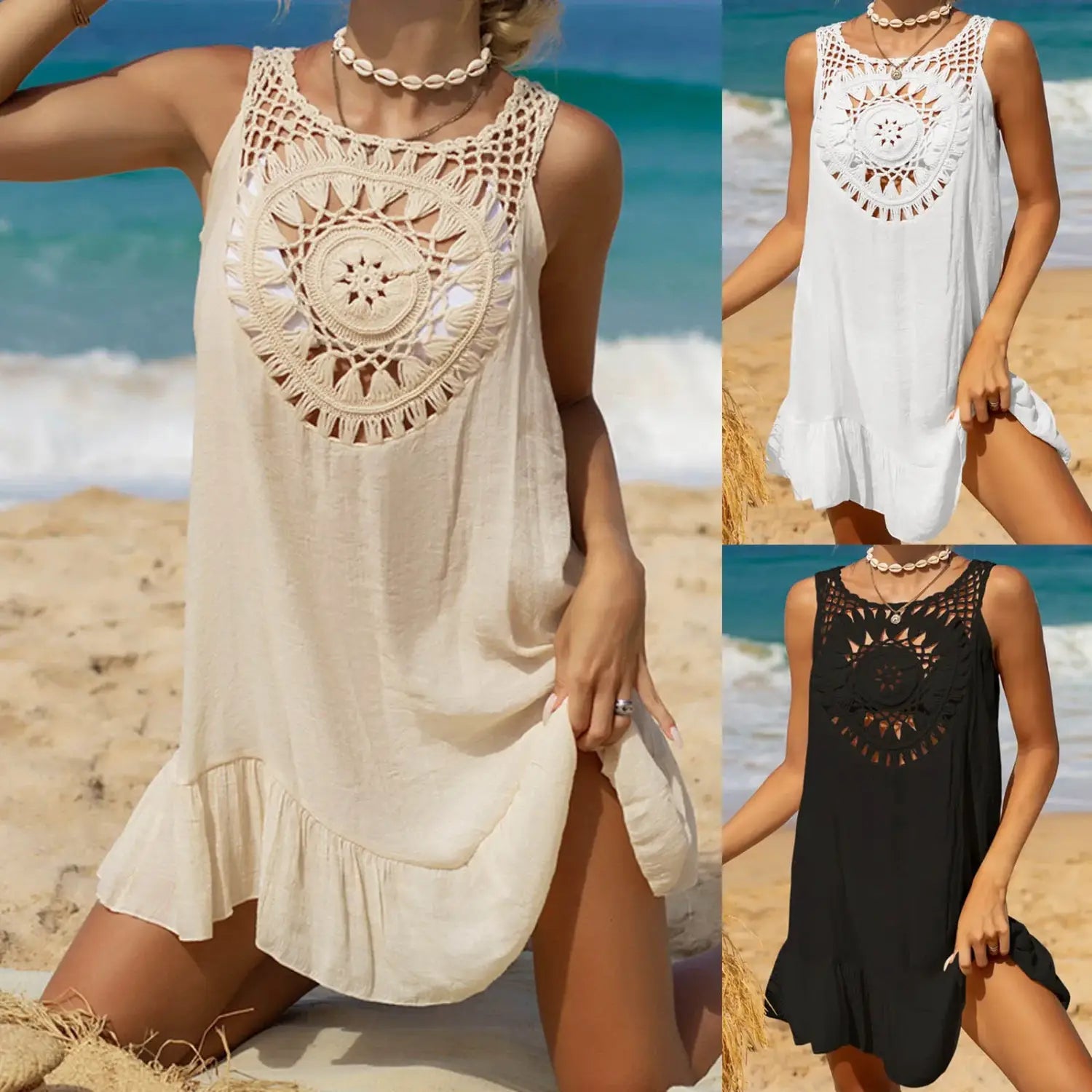 Beach Wear Women 2024 New Solid Crochet Hollow Retro Boho Beach Cover Up Dress Fashion Casual Sleeveless Bikini Tank