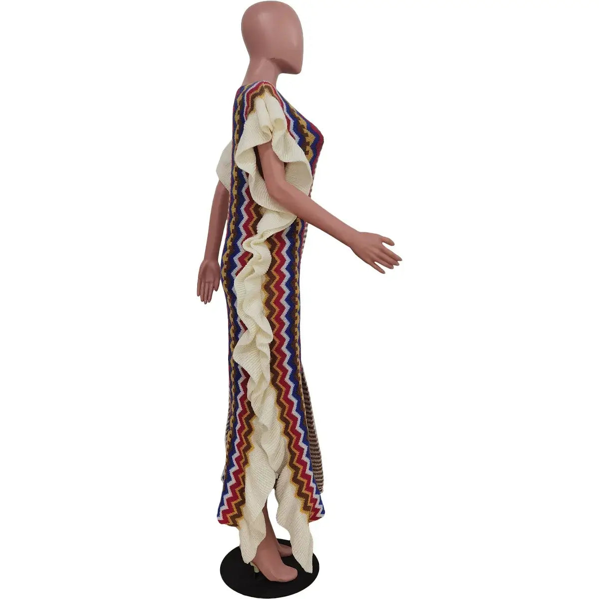 Women’s Knit Ribbed Clock Ruffles Side Sleeve Front Split Striped Straight Maxi Dress Vintage Fashion Vestidos Dresses