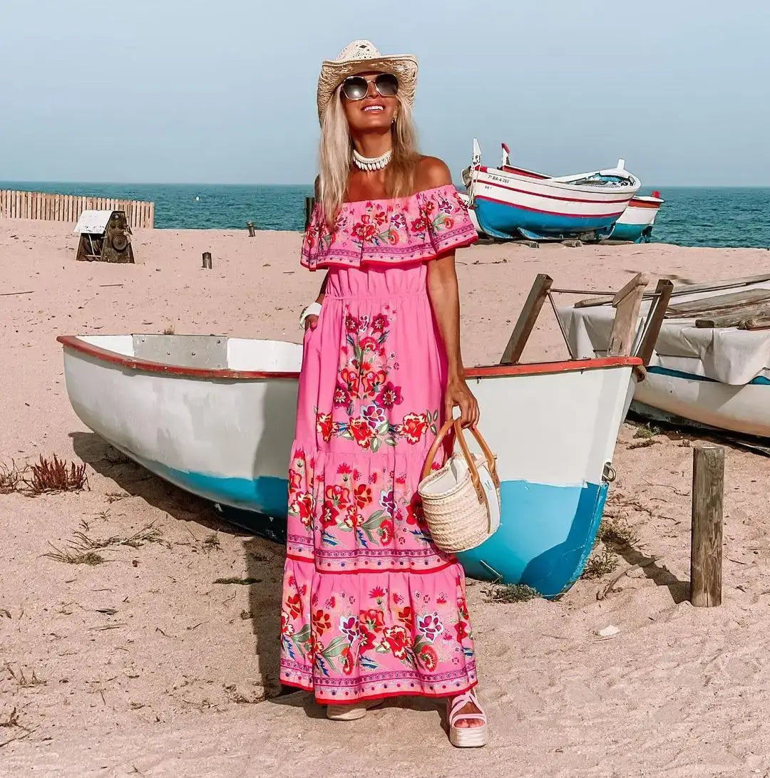 2024 Women’s New Sexy One Shoulder Off Shoulder Fashion Red Flower Printed Lace Up Waist Long Swing Dress