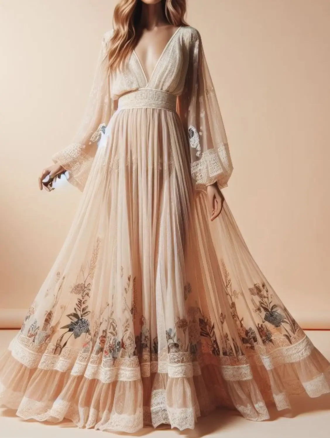 Bohemian Women Dress Elegant Fashion Floral Print Pattern Sexy Deep V Neck Casual Long Sleeve Lace Evening Party Maxi