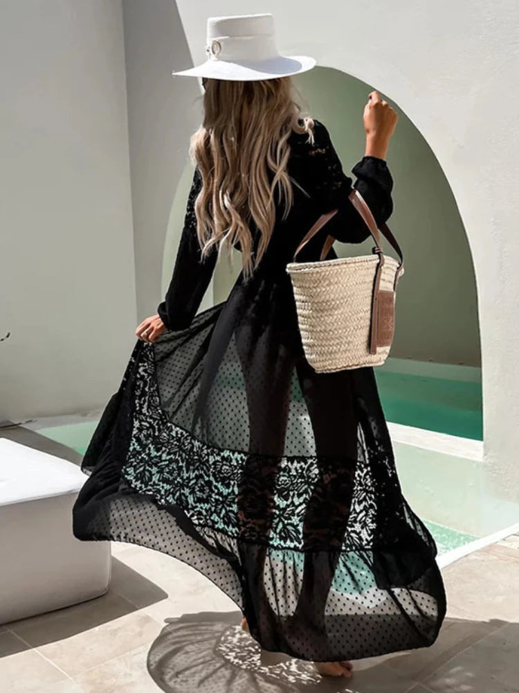 Beach Kimono Cover Ups for Women - Lace Patchwork Chiffon Wrap Dress, Self-Belted, Elegant White & Black Swimwear Cover Up for 2024