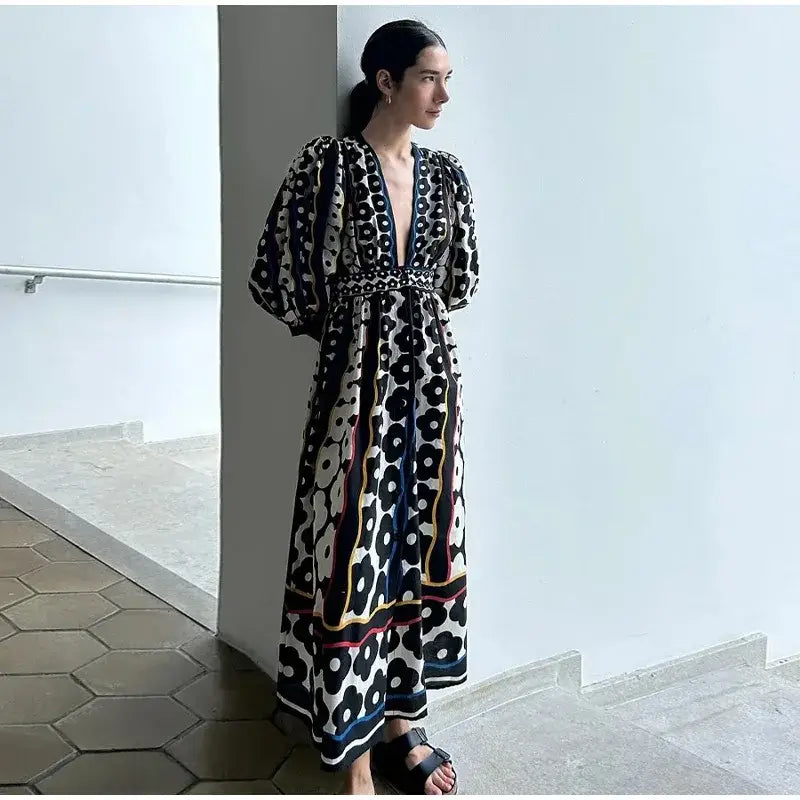 Flower Printted Women Long Dresses Elegant V-neck High Waist Puff Sleeve Ladies Robe Summer Autumn