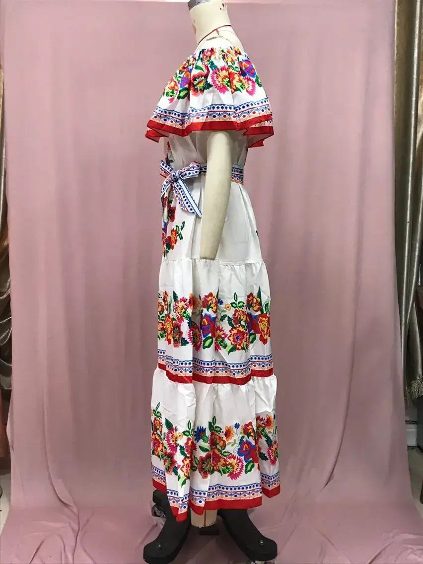 2024 Women’s New Sexy One Shoulder Off Shoulder Fashion Red Flower Printed Lace Up Waist Long Swing Dress