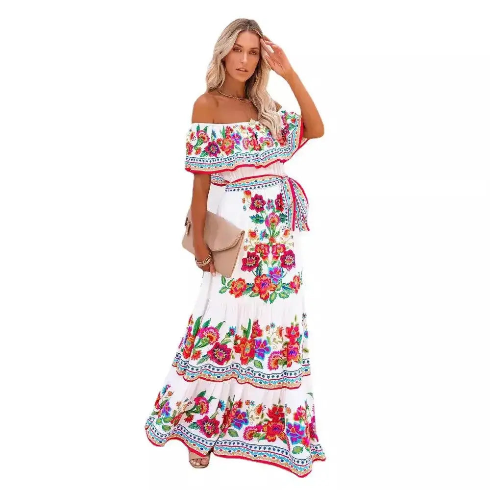 2024 Women’s New Sexy One Shoulder Off Shoulder Fashion Red Flower Printed Lace Up Waist Long Swing Dress