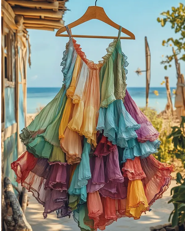 Summer rainbow lace patchwork boho dress with sleeveless A-line cut