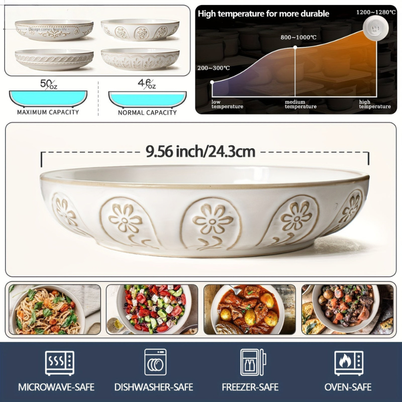 Oversized Embossed Geometric Pattern Ceramic Pasta Bowls Set of 4