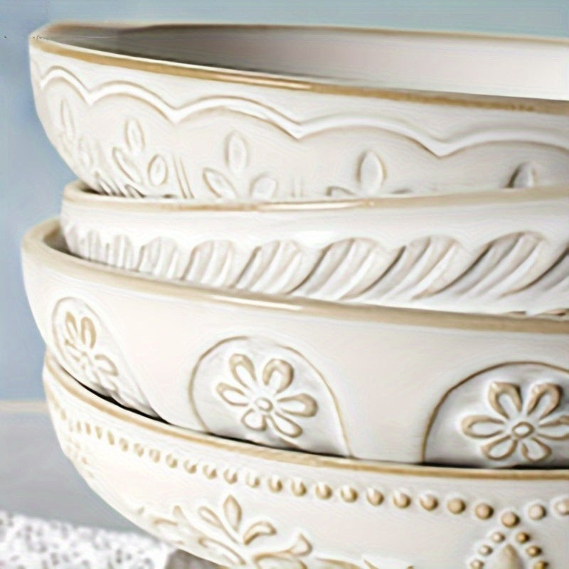 Oversized Embossed Geometric Pattern Ceramic Pasta Bowls Set of 4