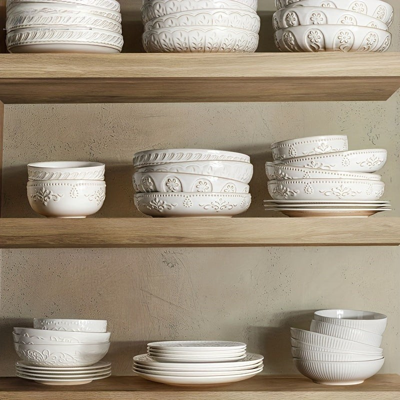 Oversized Embossed Geometric Pattern Ceramic Pasta Bowls Set of 4