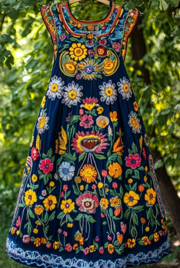 Vintage-inspired floral embroidered dress with relaxed fit and breathable fabric