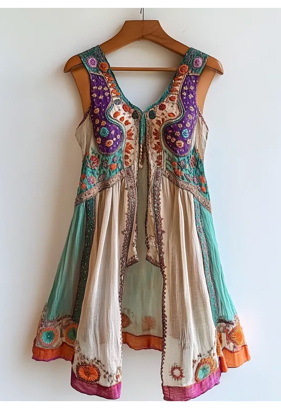 Vintage bohemian embroidered summer dress with flowy fabric and bold embroidery