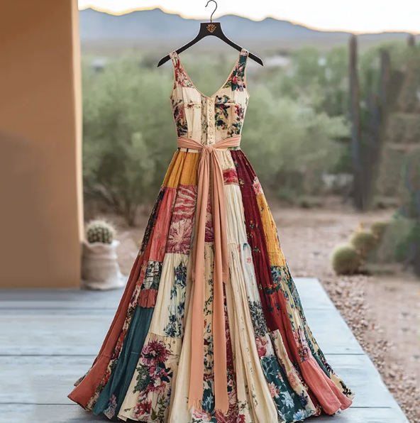 Vintage floral patchwork linen maxi dress with sleeveless tank cut