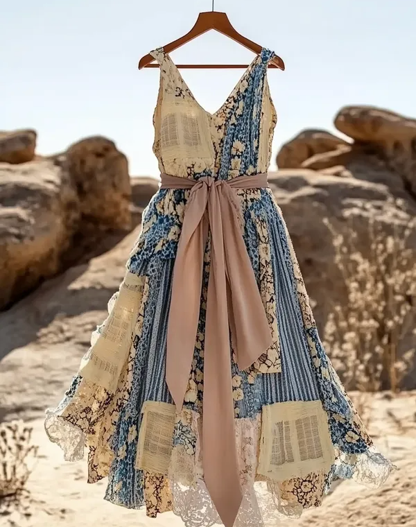 Vintage patchwork midi dress with lace trim and boho summer design