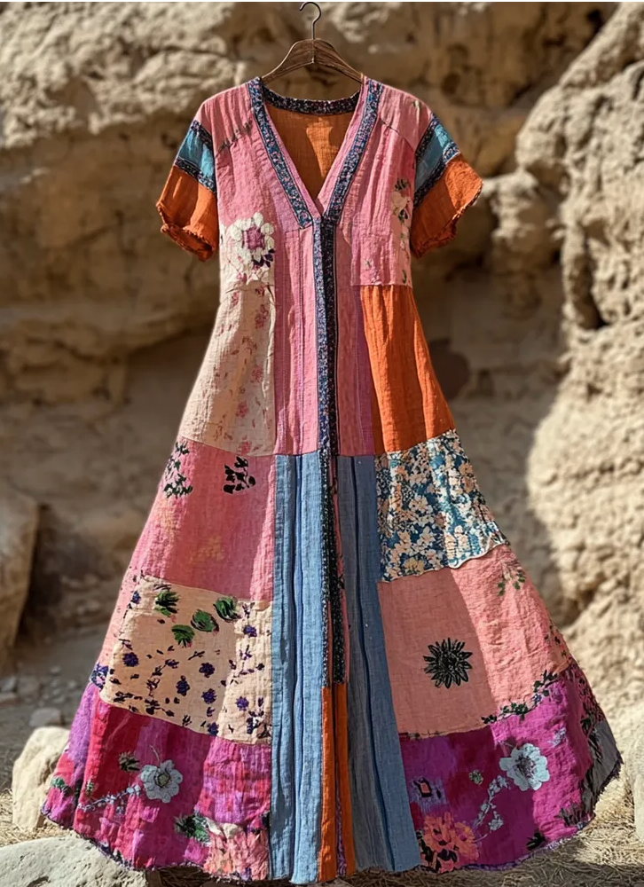 Women’s casual summer boho dress with vintage floral embroidery