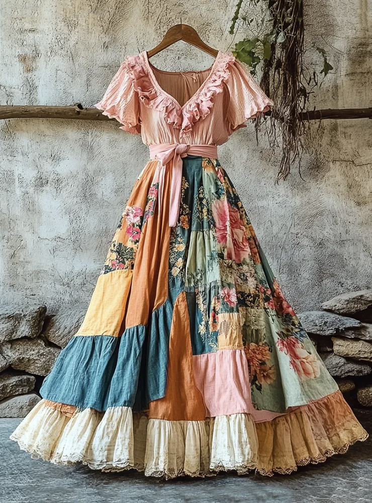 Women’s floral ruffle boho dress with V-neckline and flowing silhouette