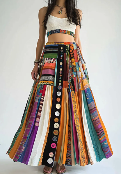 Women’s linen blend boho skirt with vibrant geometric art print
