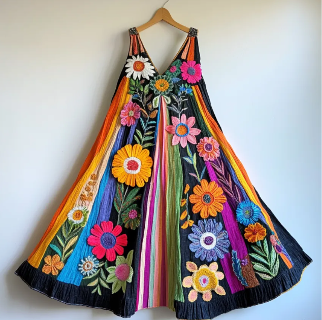 Women’s rainbow color block dress with floral details in boho summer style