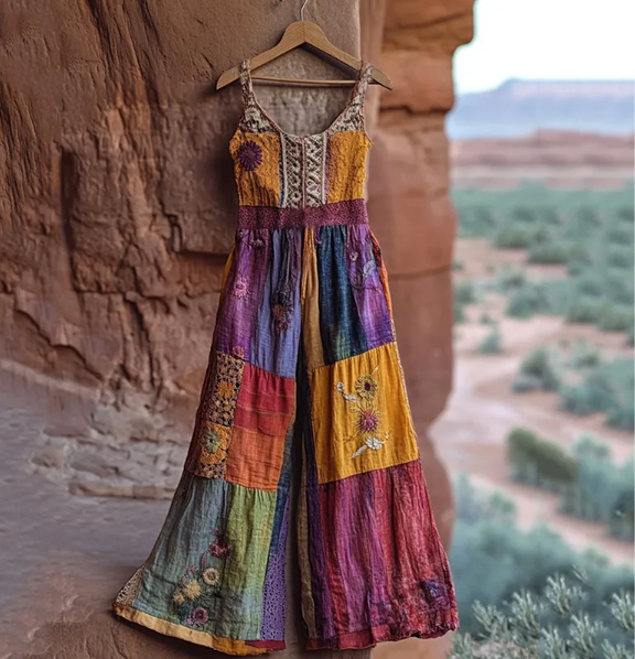 Women’s retro patchwork linen jumpsuit with eco-friendly design