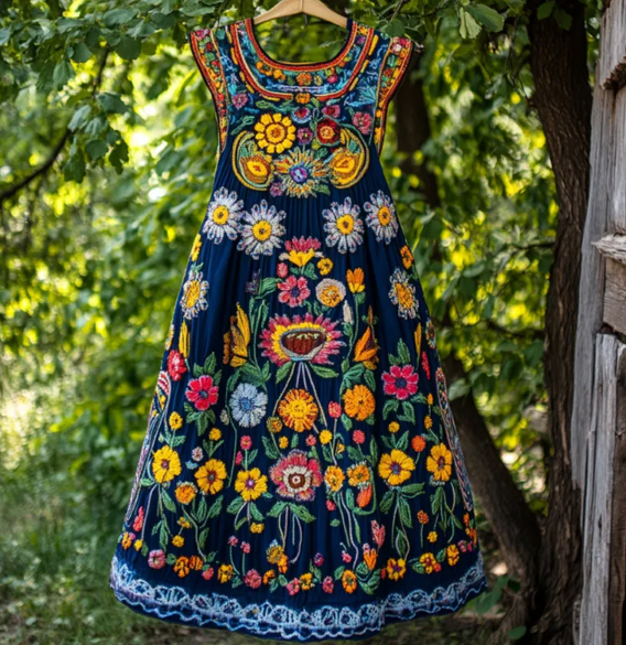 Women’s vintage Petrykivka embroidered dress with colorful floral patterns