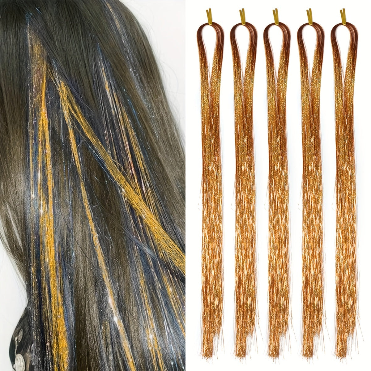 A Set of 5pcs 42-inch Golden Silvery Wire Hair Shiny Sequins Tassels- Heat-Resistant Synthetic Fiber for Christmas &