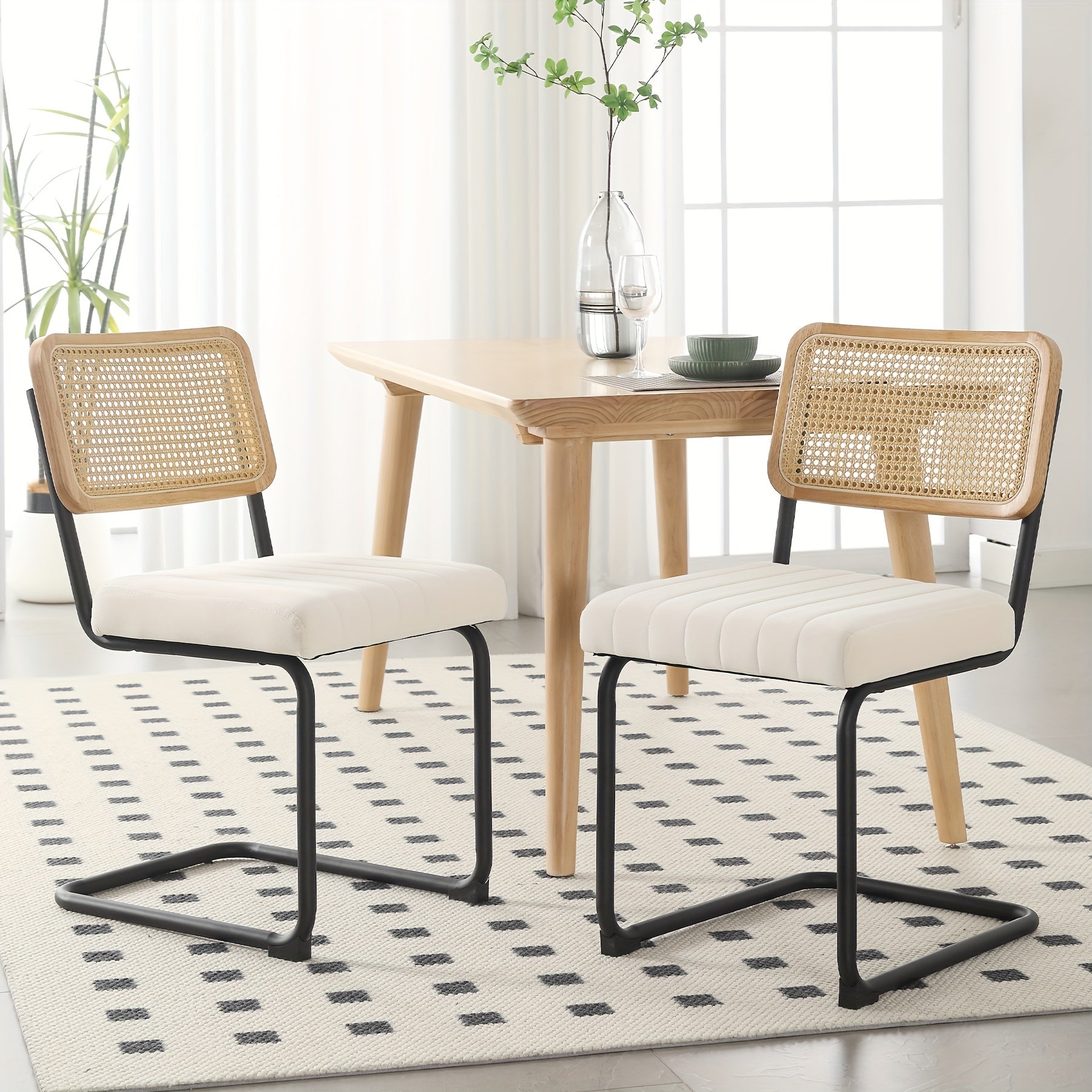 Set of 2 Dining Chairs - Yellow Upholstered Kitchen Chairs with Rattan Backrest, Wooden Basket Design & Black Metal Legs