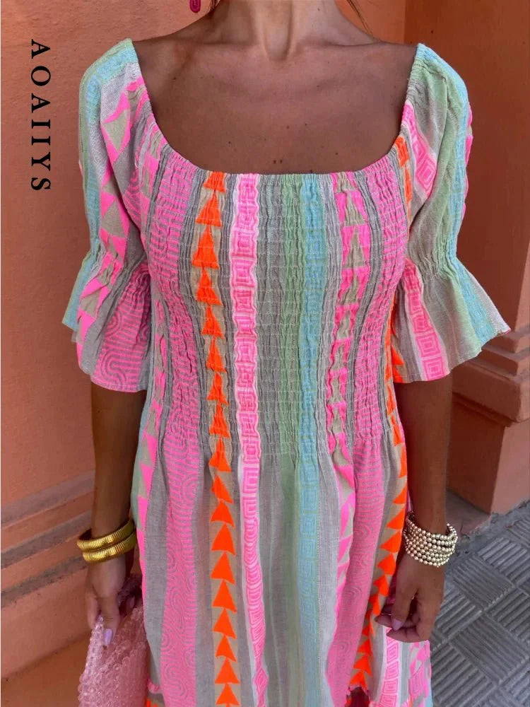 customized - Aoaiiys Dress for Women Spliced Print Pleated Casual Dresses 2024 Summer New Streetwear Elegant Female High Waist Loose Dress - Boho Eco Boutique™ - customized - Boho Eco Boutique™ - Pink - M - 