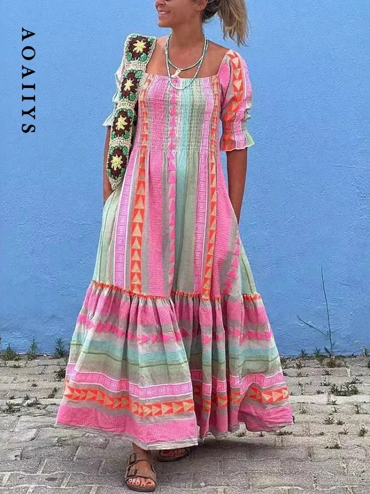 customized - Aoaiiys Dress for Women Spliced Print Pleated Casual Dresses 2024 Summer New Streetwear Elegant Female High Waist Loose Dress - Boho Eco Boutique™ - customized - Boho Eco Boutique™ - Pink - M - 