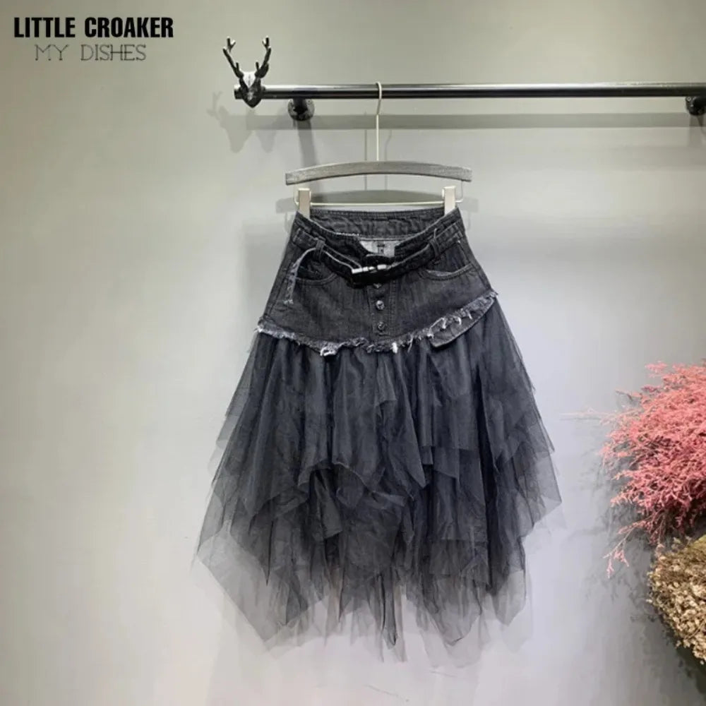 Asymmetrical Denim Jeans Tulle Skirts Womens High Waist Long Mesh Tutu Tassel Pleated Midi Skirt with Pockets Belt
