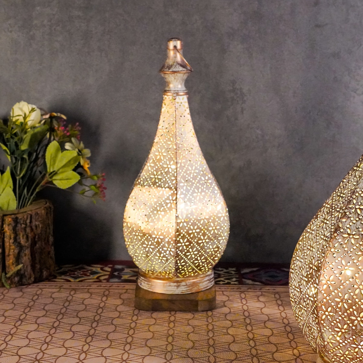 Moroccan Style Iron Candle Lantern - Lacquered Decorative Tabletop Lantern for Christmas, Halloween, Ramadan, & Festive Decor - Battery Operated