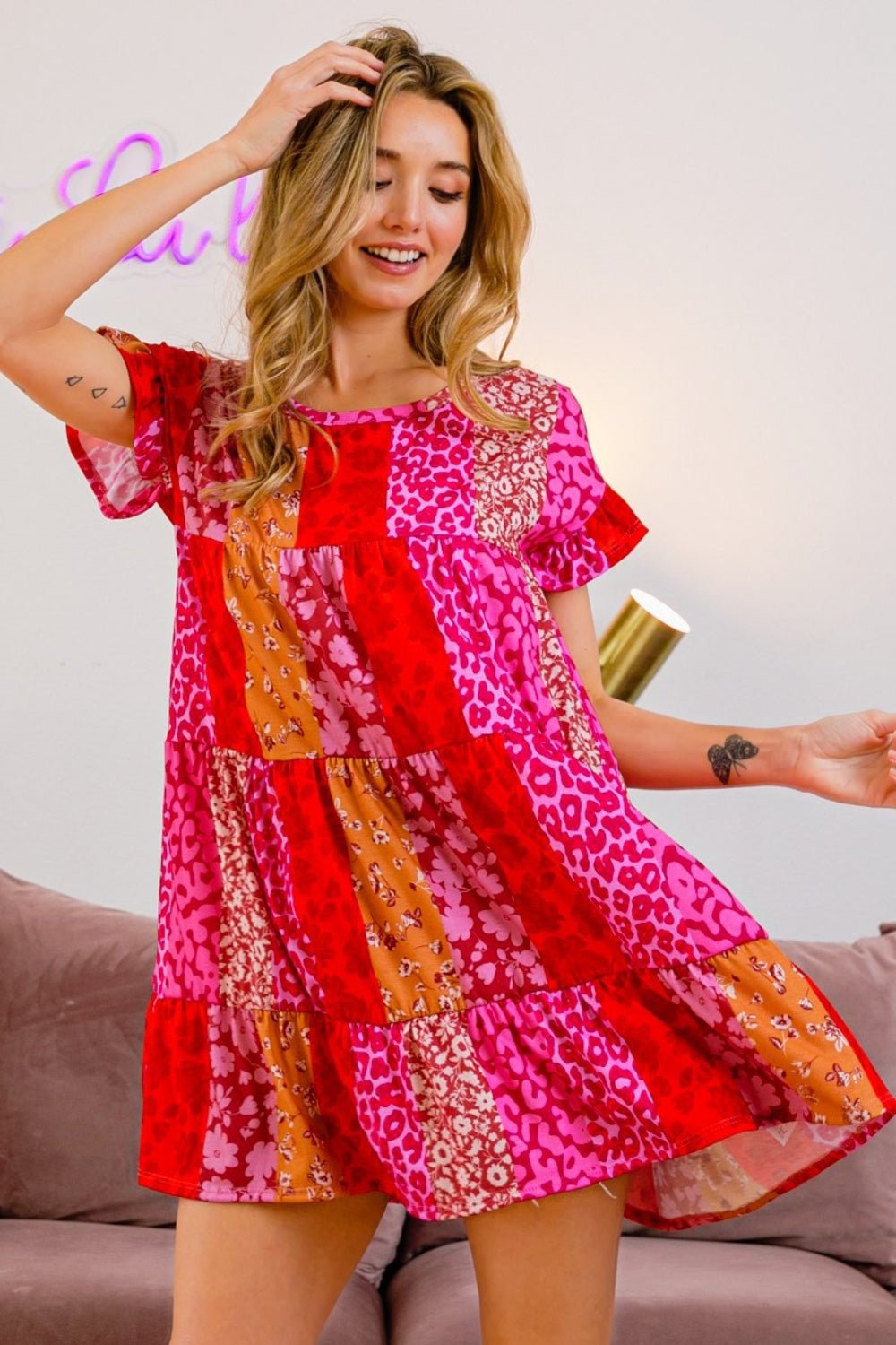  - BiBi Leopard Short Sleeve Tiered Dress - Boho Eco Boutique™ - Boho Eco Boutique™ - 100100736141538 - Red/Fuchsia - S - 