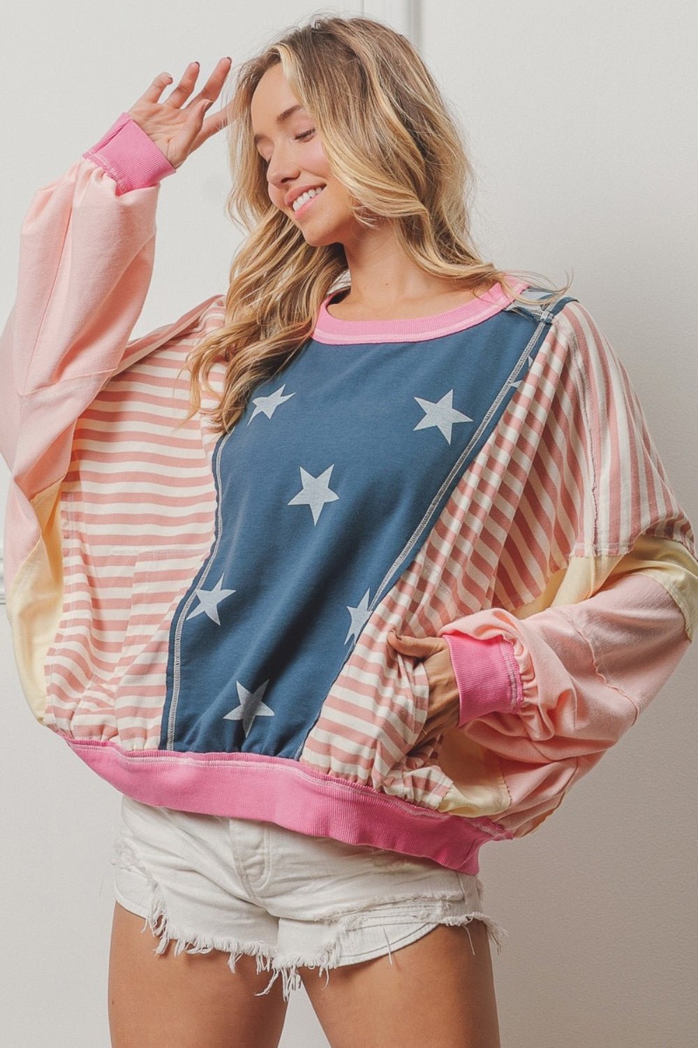  - BiBi Stars and Stripes Round Neck Long Sleeve Top - Boho Eco Boutique™ - Boho Eco Boutique™ - 100100914831091 - Blush Multi - S - 