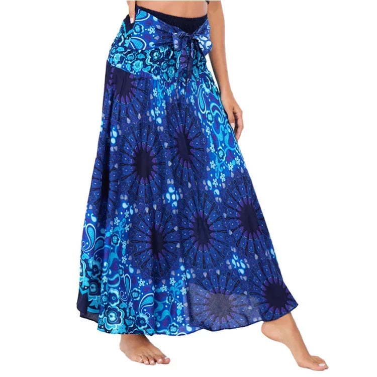 Bohemian Floral Maxi Skirt Dress – Elastic Waist Flowy & Chic Boho Fashion - S01105-blue / Waist(58-100cm)86cmL - Midi
