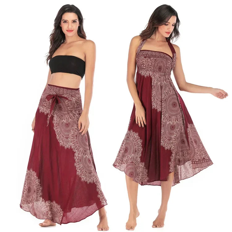 Bohemian Floral Maxi Skirt Dress – Elastic Waist Flowy & Chic Boho Fashion - S00302-wine red / Waist(58-100cm)86cmL