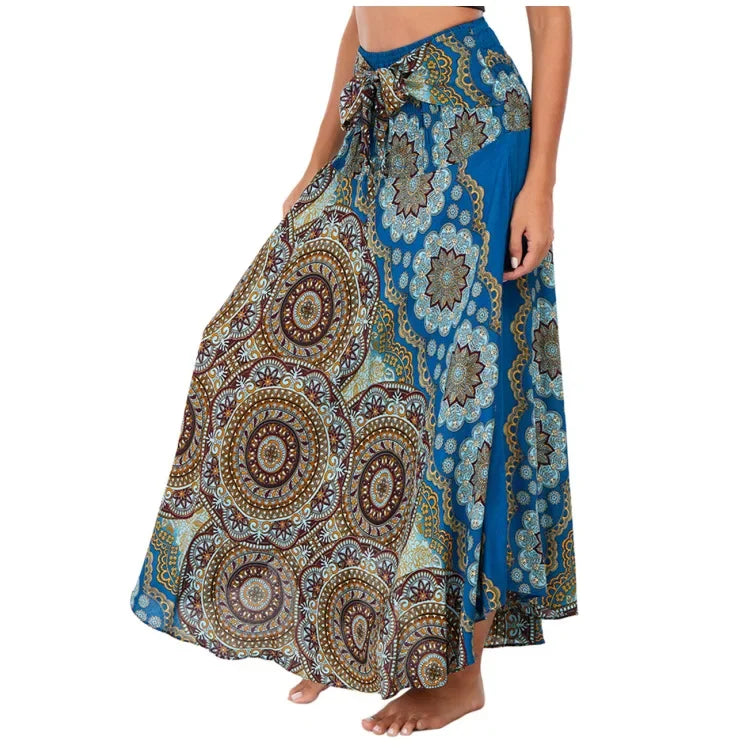 Bohemian Floral Maxi Skirt Dress – Elastic Waist Flowy & Chic Boho Fashion - S01005-sky blue / Waist(58-100cm)86cmL