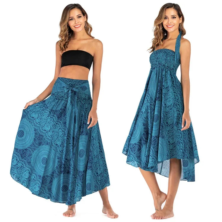 Bohemian Floral Maxi Skirt Dress – Elastic Waist Flowy & Chic Boho Fashion - S00601-blue / Waist(58-100cm)86cmL - Midi
