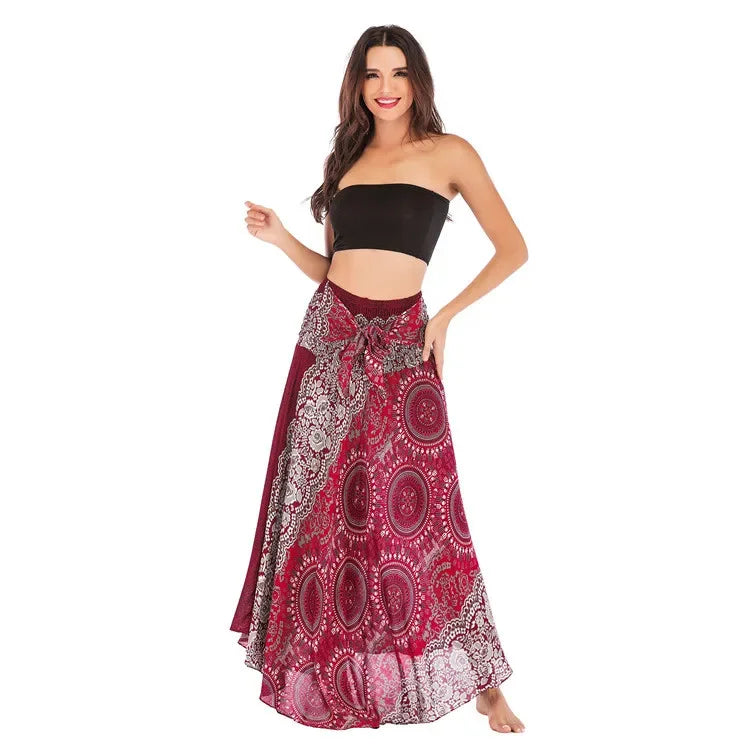 Bohemian Floral Maxi Skirt Dress – Elastic Waist Flowy & Chic Boho Fashion - S00101-wine red / Waist(58-100cm)86cmL