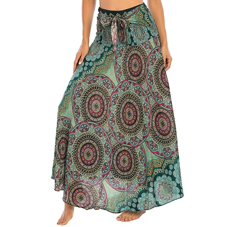 Bohemian Floral Maxi Skirt Dress – Elastic Waist Flowy & Chic Boho Fashion - S01002-green / Waist(58-100cm)86cmL - Midi