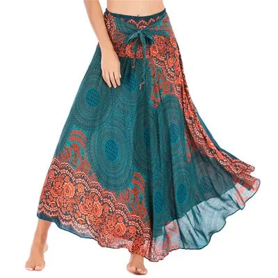 Bohemian Floral Maxi Skirt Dress – Elastic Waist Flowy & Chic Boho Fashion - S00204-green / Waist(58-100cm)86cmL - Midi