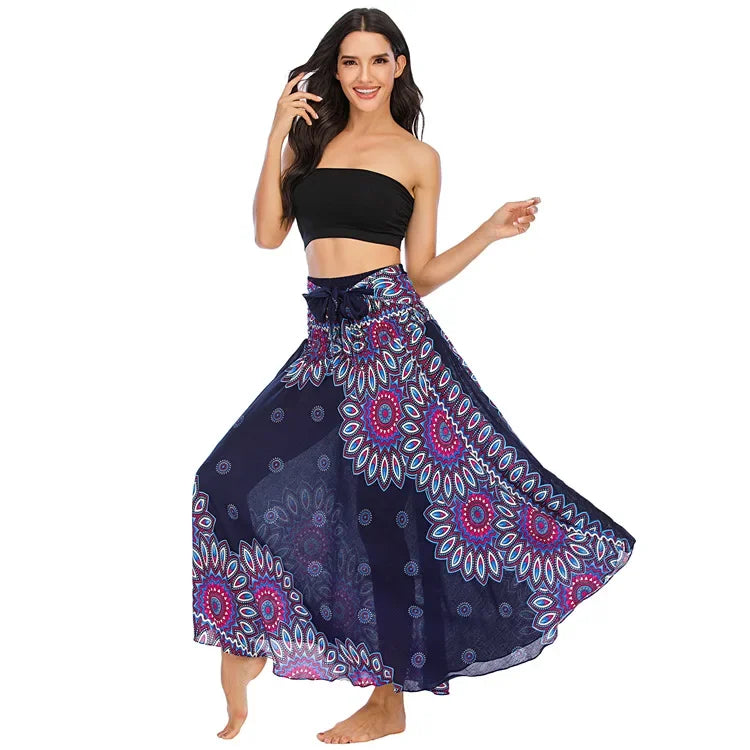 Bohemian Floral Maxi Skirt Dress – Elastic Waist Flowy & Chic Boho Fashion - S00802-dark blue / Waist(58-100cm)86cmL