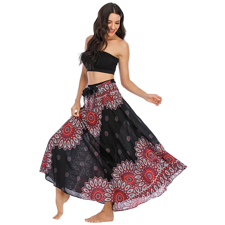 Bohemian Floral Maxi Skirt Dress – Elastic Waist Flowy & Chic Boho Fashion - S00801-black / Waist(58-100cm)86cmL - Midi