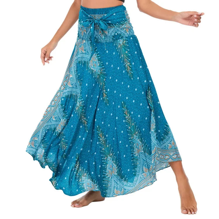 Bohemian Floral Maxi Skirt Dress – Elastic Waist Flowy & Chic Boho Fashion - S01303-green / Waist(58-100cm)86cmL - Midi