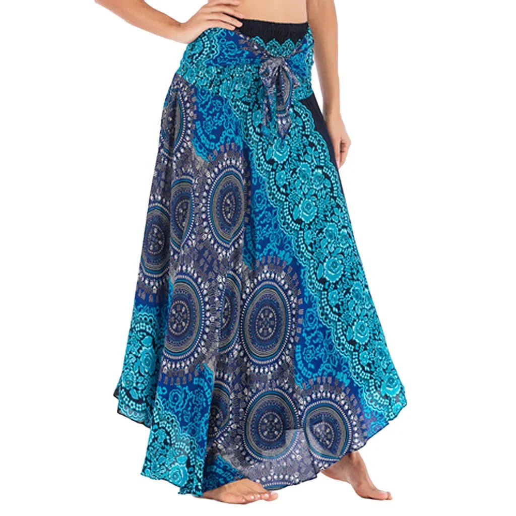 Bohemian Floral Maxi Skirt Dress – Elastic Waist Flowy & Chic Boho Fashion - S00102-blue / Waist(58-100cm)86cmL - Midi