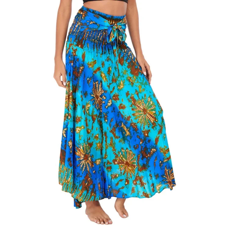 Bohemian Floral Maxi Skirt Dress – Elastic Waist Flowy & Chic Boho Fashion - S01202-blue green / Waist(58-100cm)86cmL