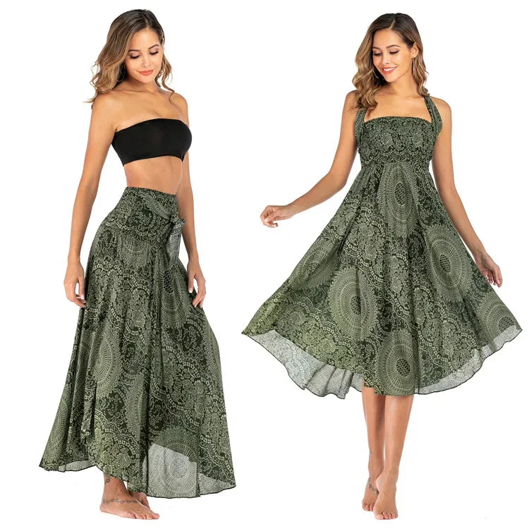 Bohemian Floral Maxi Skirt Dress – Elastic Waist Flowy & Chic Boho Fashion - S00603-dark green / Waist(58-100cm)86cmL