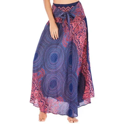 Bohemian Floral Maxi Skirt Dress – Elastic Waist Flowy & Chic Boho Fashion - S00201-blue / Waist(58-100cm)86cmL - Midi