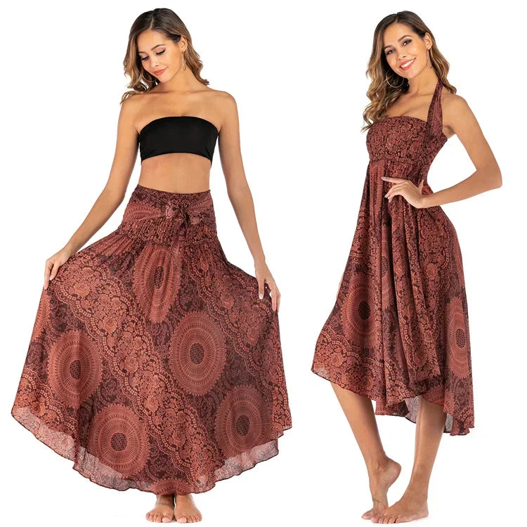 Bohemian Floral Maxi Skirt Dress – Elastic Waist Flowy & Chic Boho Fashion - S00604-orange / Waist(58-100cm)86cmL