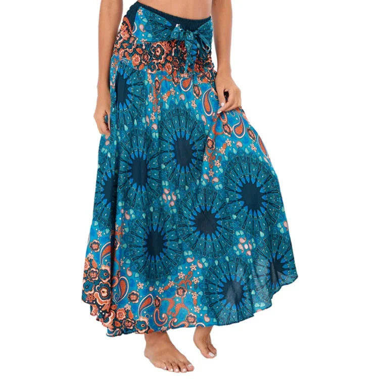 Bohemian Floral Maxi Skirt Dress – Elastic Waist Flowy & Chic Boho Fashion - S01103-green / Waist(58-100cm)86cmL - Midi