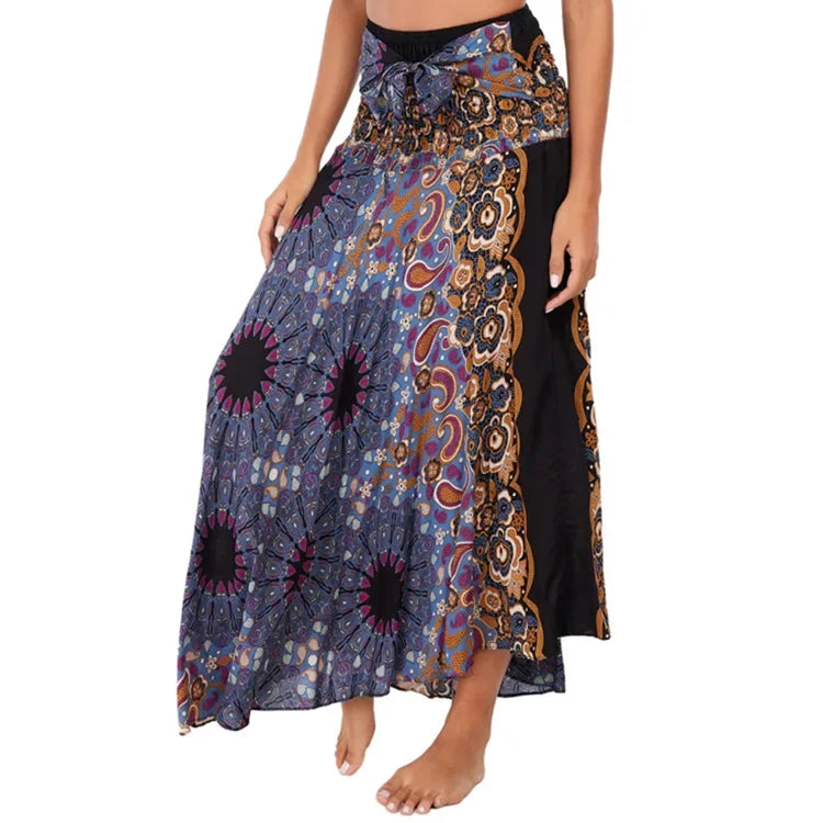 Bohemian Floral Maxi Skirt Dress – Elastic Waist Flowy & Chic Boho Fashion - S01102-black gold / Waist(58-100cm)86cmL