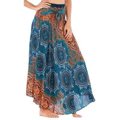 Bohemian Floral Maxi Skirt Dress – Elastic Waist Flowy & Chic Boho Fashion - S00103-green / Waist(58-100cm)86cmL - Midi